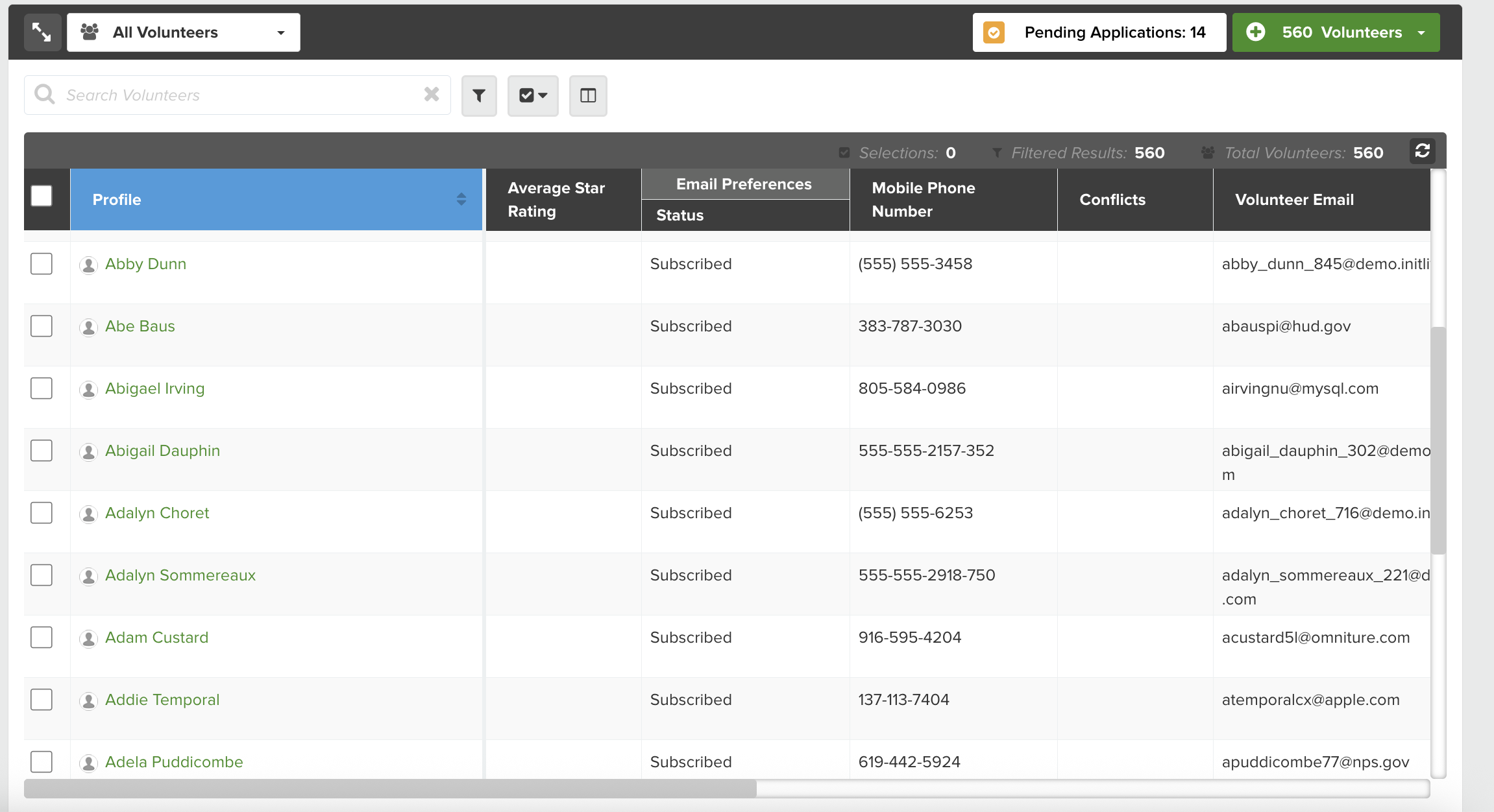 screenshot of Bloomerang Volunteer